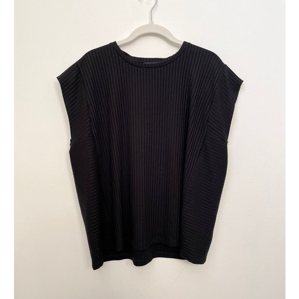 Eileen Fisher Top Womens L Black Wide Rib Stretch Square Boxy Draped Knit